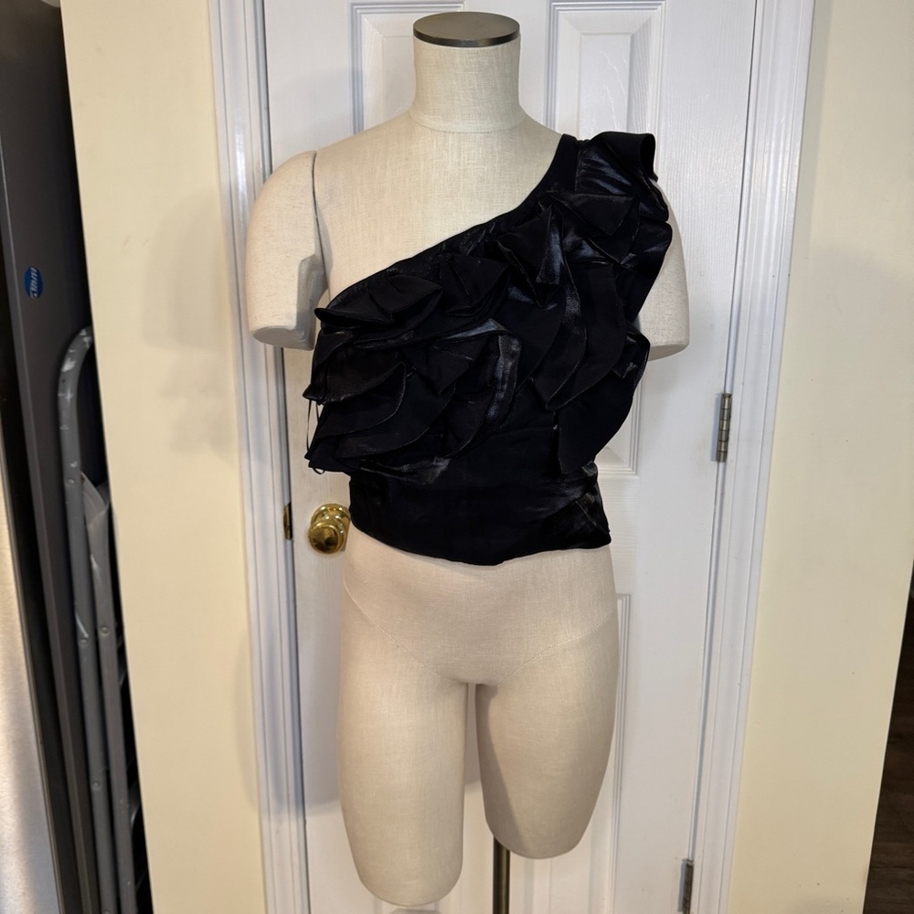 MNG by Mango Black One Shoulder Ruffle Top NWT Size L